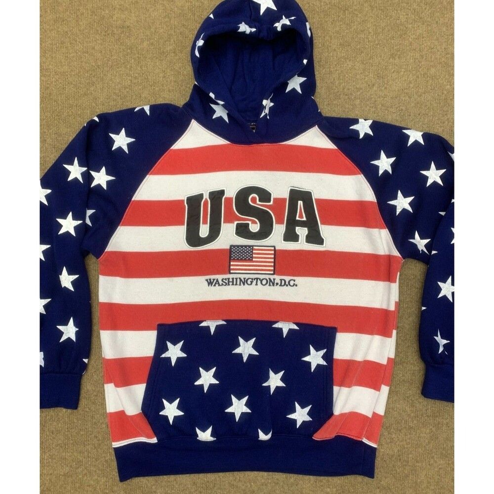 USA American Flag Hoodie Mens L Washington DC Sweatshirt Stars Stripes Pullover